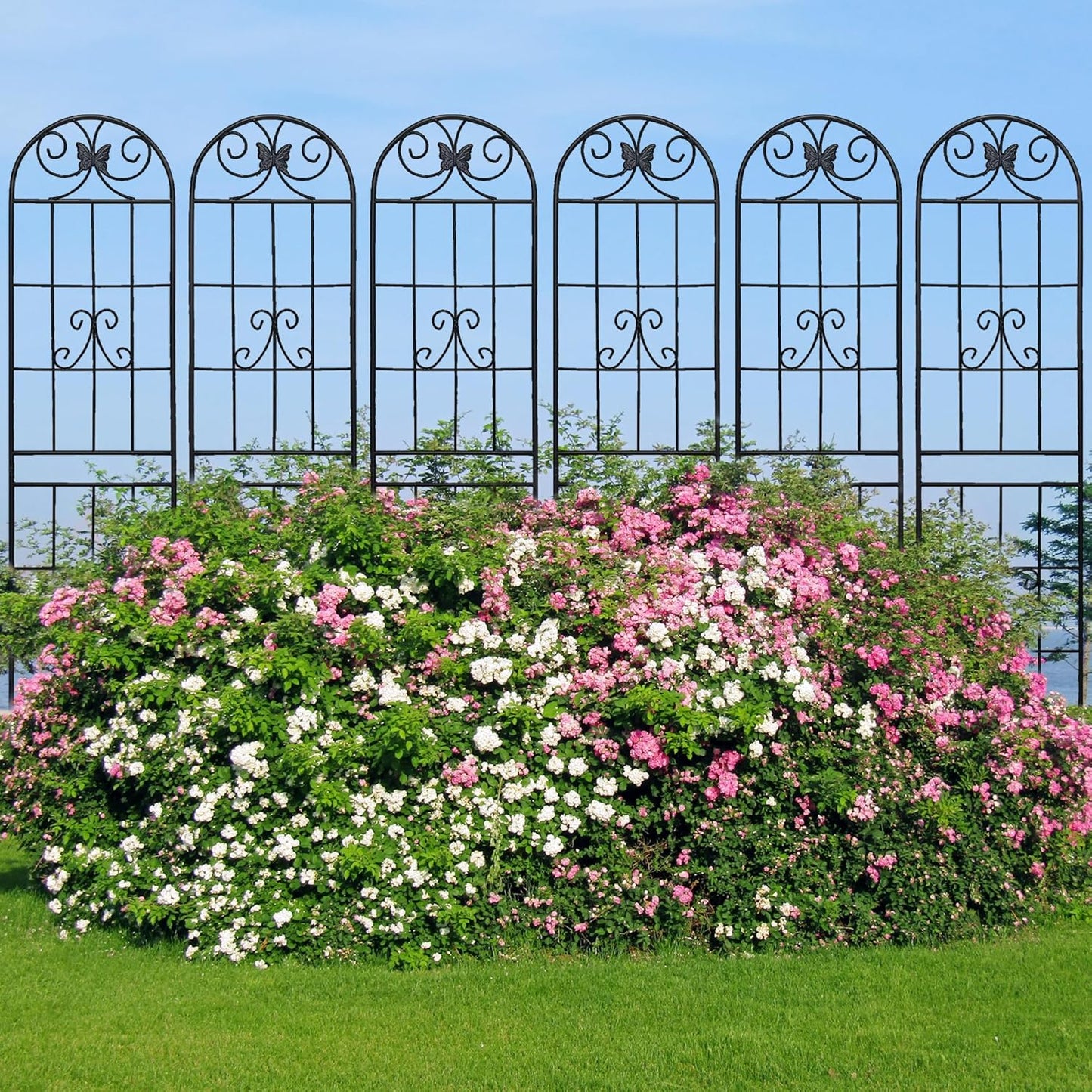 6 Pack Metal Garden Trellis 87" Tall for Climbing Plants Garden Fence Rustproof Outdoor Trellis Support Roses Flower Lawn, Black 7.2FT-VerdiqueGarden