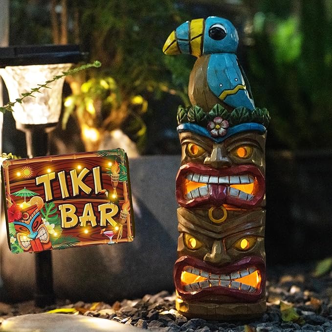 Tiki Totem Pole-Solar Tiki Statue Head Decor - 12.32 inch Tall Tiki Decorations for Tiki Bar Outdoor Patio Balcony Yard Backyard-VerdiqueGarden
