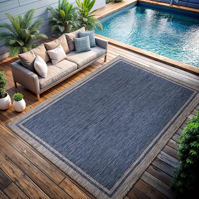 CAMILSON Outdoor Rug, 8x10 Bordered Navy Blue Gray Modern Area Rugs for Indoor and Outdoor Patios, Porches Waterproof Washable Porch Deck Outside Carpet (Bordered Navy, 8 x 10)-VerdiqueGarden