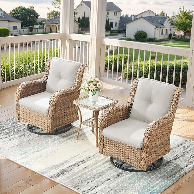 Outdoor Swivel Rocker Patio Chairs - 360 Degree Swivel Glider Seating 350LBS Weight Capacity 3 Piece Wicker Rocking Chairs Set with Side Table for Porch Balcony Deck, Yellow/Beige-VerdiqueGarden