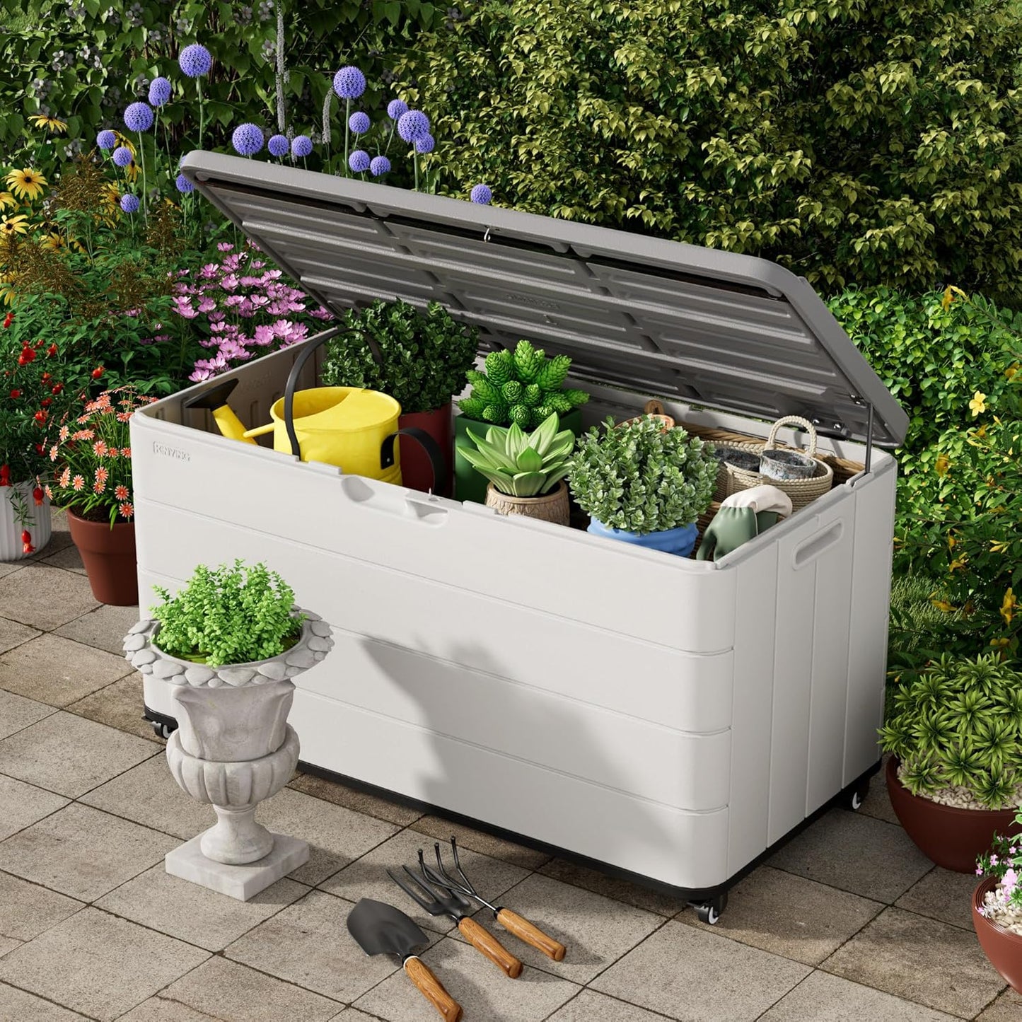 100GAL White Resin Deck Box with Wheels – Lockable, Waterproof, SGS-Tested UV Resistance, Spacious Outdoor Storage for Patio Cushions & Pool Gear, Easy Assembly-VerdiqueGarden