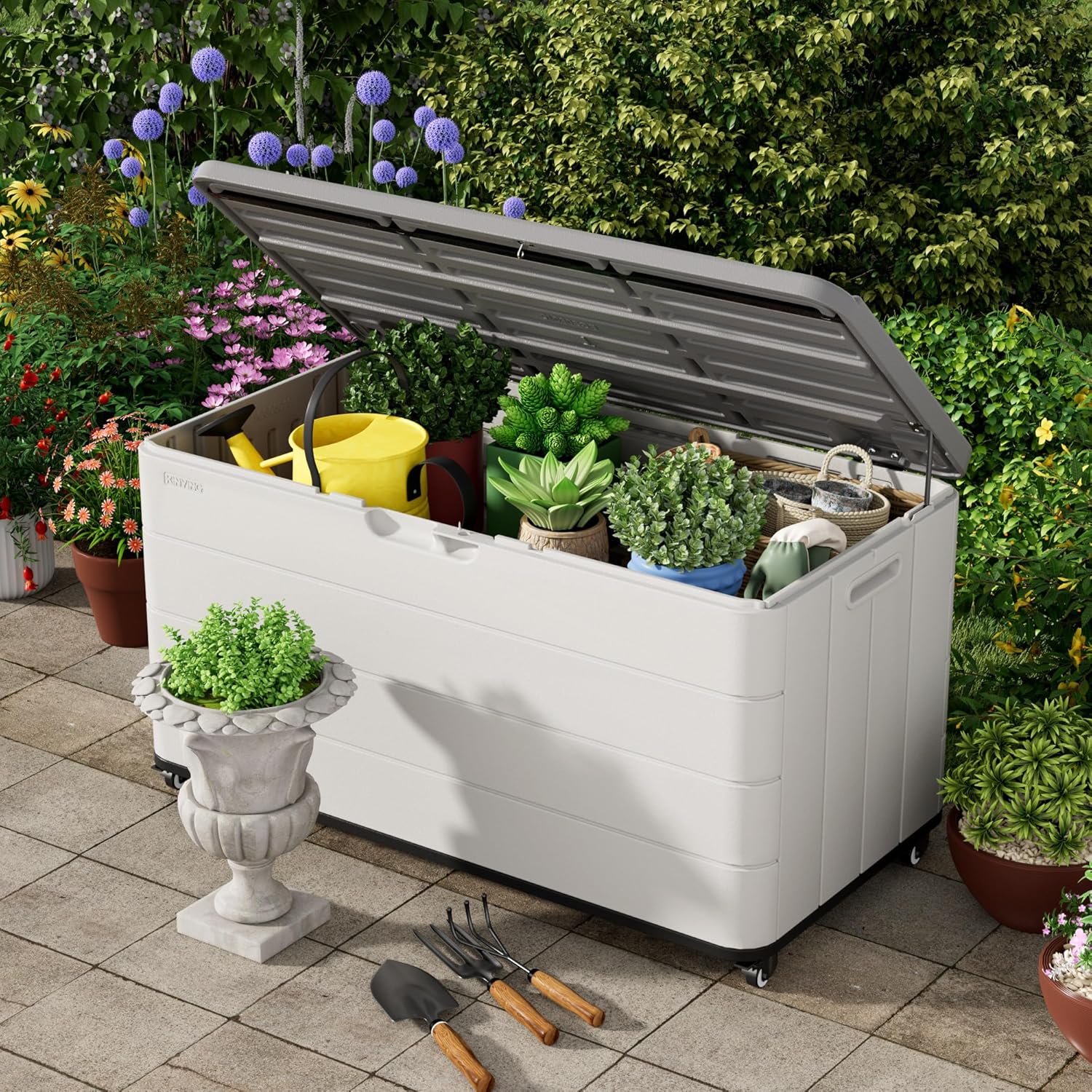 100GAL White Resin Deck Box with Wheels – Lockable, Waterproof, SGS-Tested UV Resistance, Spacious Outdoor Storage for Patio Cushions & Pool Gear, Easy Assembly-VerdiqueGarden