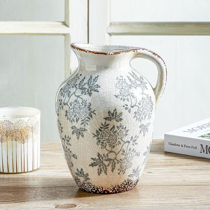 Enra Vintage vase with Handle,Blue and White Ceramic Decorative Flower vase, Chinoiserie Floral Vase,Large Rustic Vases for Home Decors, Living Room, Bookshelf, Office，9.7 inch-VerdiqueGarden