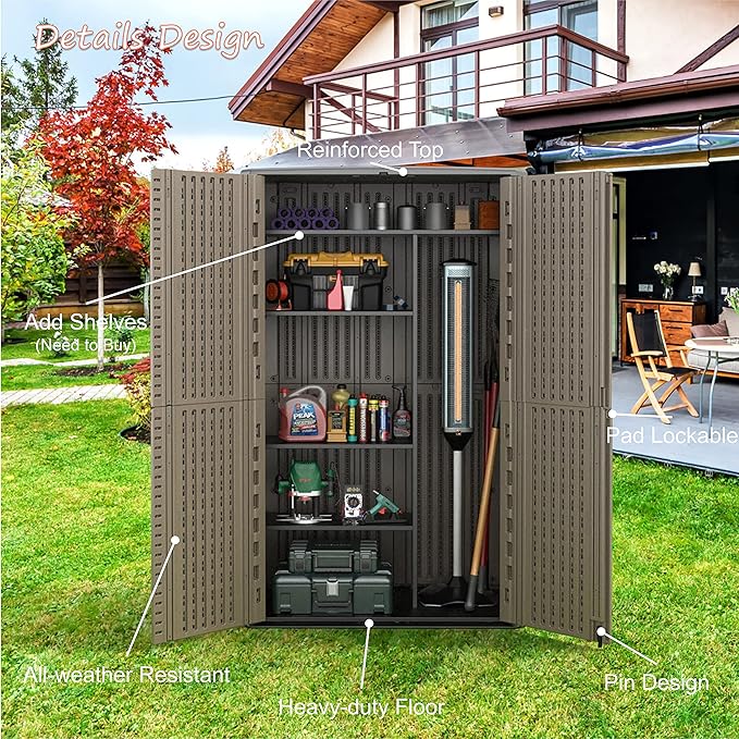 Sheds & Outdoor Storage, 52 Cu.ft Vertical Storage with Floor, Cabinet Waterproof for Garage Pool Bike Shed, Garden , Coffee Brown-VerdiqueGarden