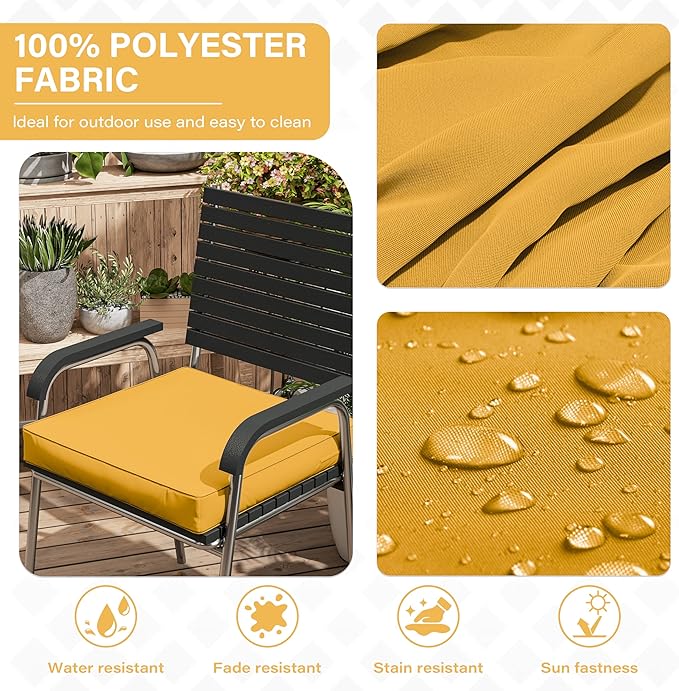 Patio Chair Cushions 17 X 16 X 3 Inch Waterproof Outdoor Seat Cushions for Patio Furniture, Outdoor Sofa Couch Pads with Ties & Handle, Set of 2, Yellow-VerdiqueGarden