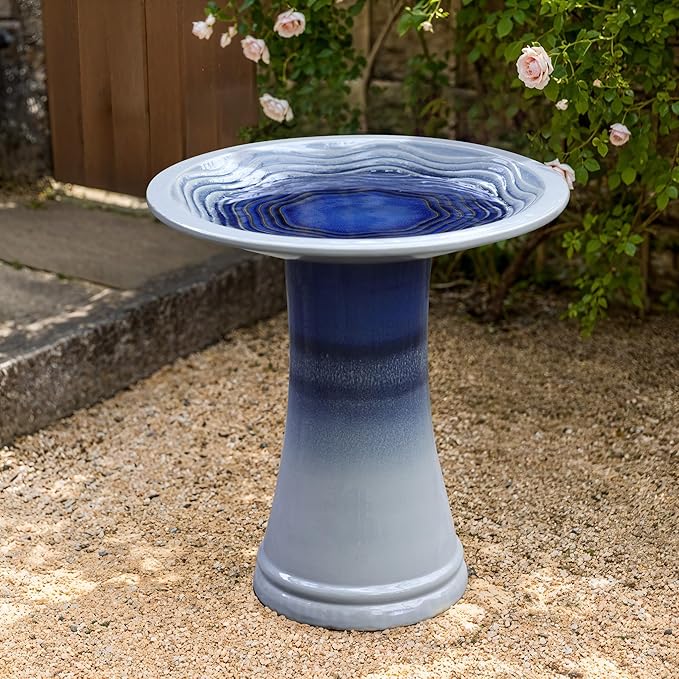 LuxenHome 18 Inch Ceramic Bird Bath for Outside, Elegant Tall Outdoor Bird Bath, Lightweight Pedestal Glazed Birdbaths for Outdoors with Swirl Pattern, Ombre Blue-VerdiqueGarden