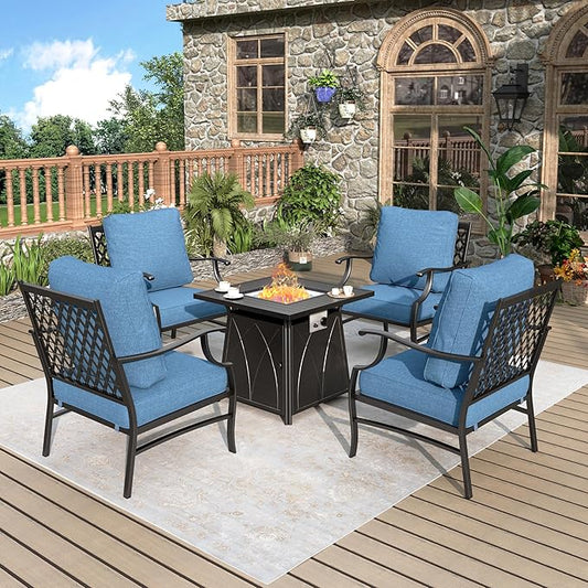 Patio Furniture Set with Fire Pit Table, 5 Pcs Metal Outdoor Conversation Set, 4 Single Chairs with 5.75" Extra Thick Cushion and 28" Fire Pit Table for Backyard Deck, Navy Blue-VerdiqueGarden