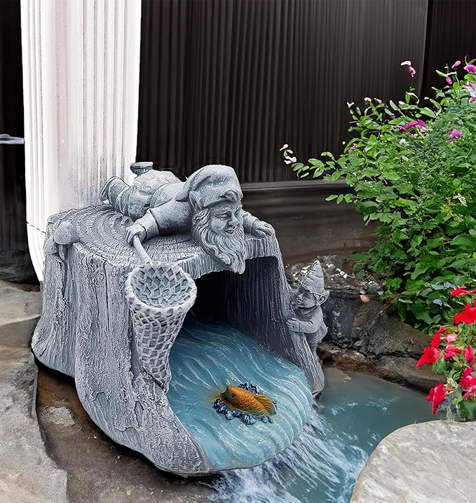 Gnome Fishing 3"x4" Gutter Downspout Splash Block Decor, Garden Outdoor Animal Resin Statue & Sculpture, Gutter Diverter Rain, Decorative Gutter Extension Downspout, Eco-Friendly-VerdiqueGarden