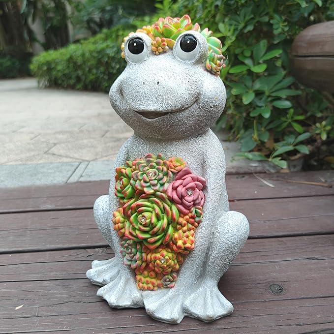 Large Frog Solar Garden Outdoor Statues with Succulent and 8 LED Lights,Outside Solar Frog Art Decor for Lawn,Yard, Balcony Ornament-VerdiqueGarden