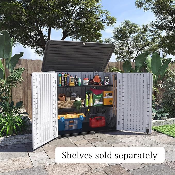 HOMSPARK Storage Shed Weather Resistance, Multi-Purpose Outdoor Storage Cabinet for Backyards and Patios, Horizontal Storage Shed for Lawnmower, Patio Accessories (White 1, Large - 26 cu.ft)-VerdiqueGarden