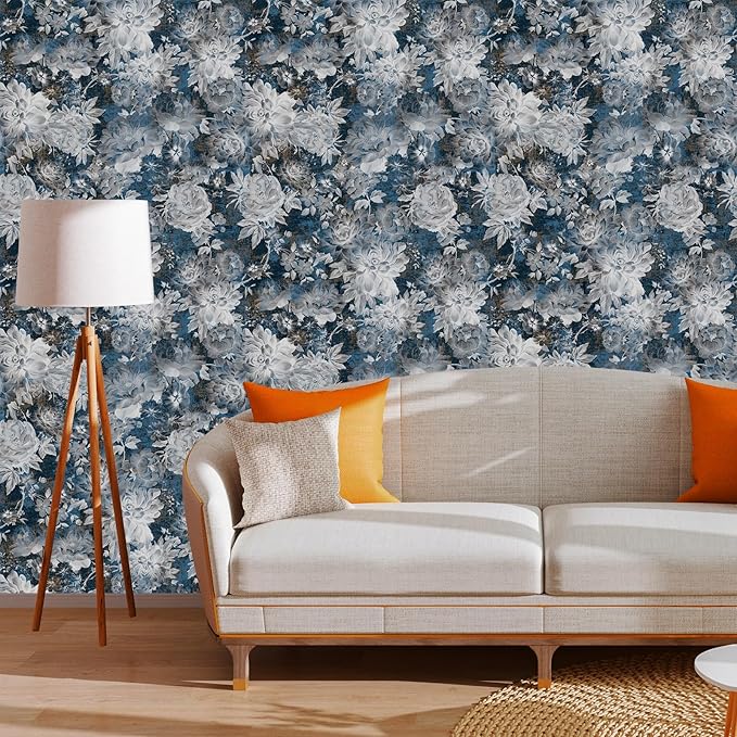 Vintage Garden Peel & Stick Floral Wallpaper - Removable White/Blue Vinyl Self Adhesive Mural - 17.7in x 19.68ft-VerdiqueGarden