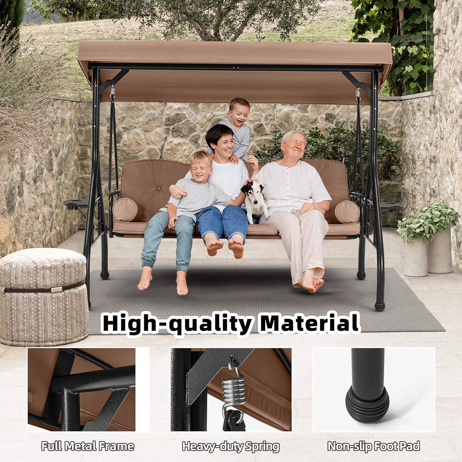 HOMREST 3 Seat Outdoor Porch Swing with Adjustable Canopy, Convertible Patio Swing Bed with Stand, Patio Glider Swing with Upgraded Cup Holder, Thicken Cushions ＆ Pillow for Backyard (Brown)-VerdiqueGarden