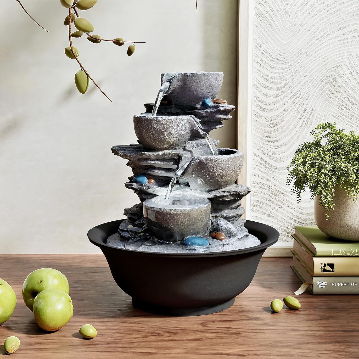 10.6inch Tabletop Fountain, Indoor Waterfall Fountains with LED Light, Realistic Rock Design for Soothing Ambiance in Bedrooms, Living Rooms, Offices, or Meditation Spaces-VerdiqueGarden