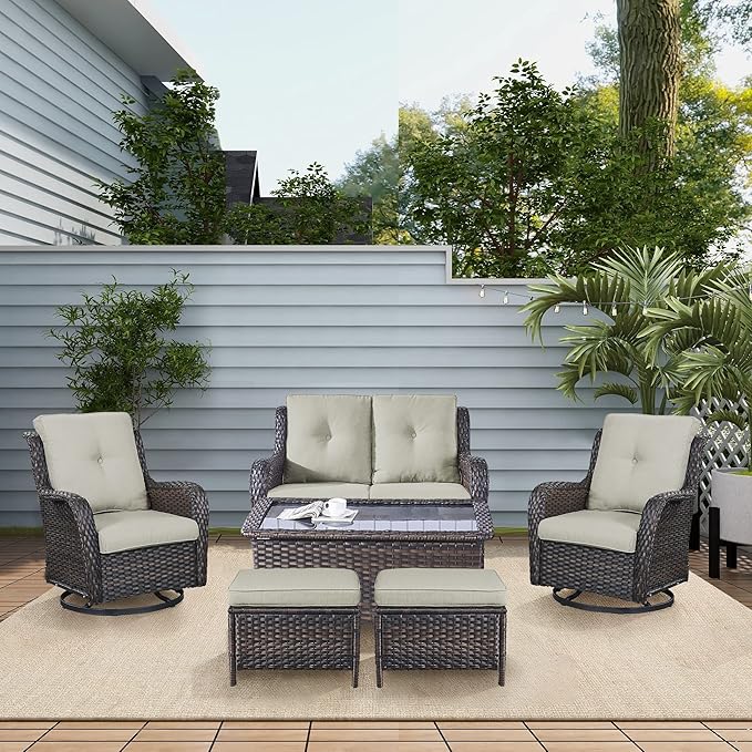 Wicker Outdoor Furniture Patio Furniture Set - 6 Piece Patio Conversation Set with Swivel Rocker Chairs, Loveseat Sofa, Ottomans and Coffee Table, Beige Cushion-VerdiqueGarden