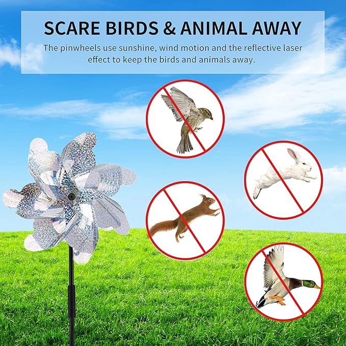 BATTIFE 12 Pack Pre-Assemble Sparkly Reflective Pinwheels | Silver Bird Blindness Pin Wheel | Scare Birds & Animals Away | Wind Spinner for Yard and Garden-VerdiqueGarden