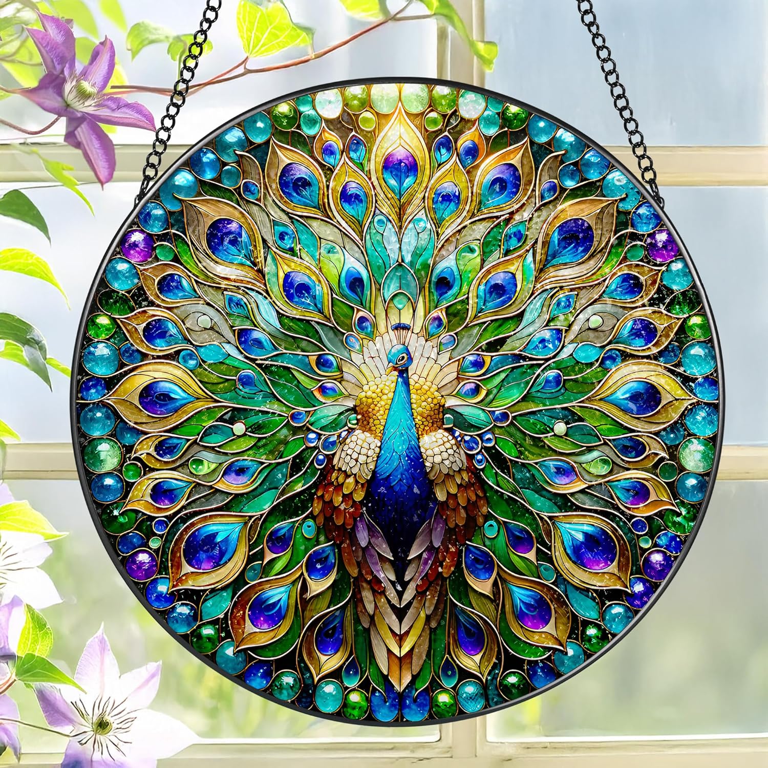 Stained Glass Window Hanging, LAOWEIKI 8'' Peacock Suncatcher, Stained Glass Ornament, Suncatchers for Windows Hanging, Window Decor, Outdoor or Indoor, Gifts for Women, Lovers, Couple, Friend, Bestie-VerdiqueGarden
