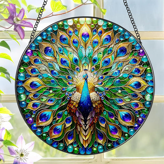 Stained Glass Window Hanging, LAOWEIKI 8'' Peacock Suncatcher, Stained Glass Ornament, Suncatchers for Windows Hanging, Window Decor, Outdoor or Indoor, Gifts for Women, Lovers, Couple, Friend, Bestie-VerdiqueGarden