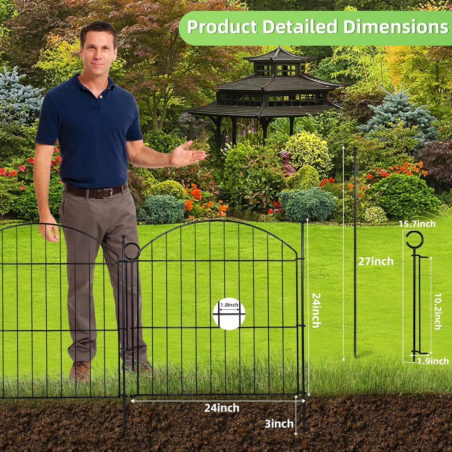 Decorative Garden Fence 24in (H) x20ft (L), 10 Pack No Dig Fence Animal Barrier for Dog with Lock, Arched Flower Bed Edging, Wire Border Panel Fencing for Yard Patio Outdoor Decor-VerdiqueGarden