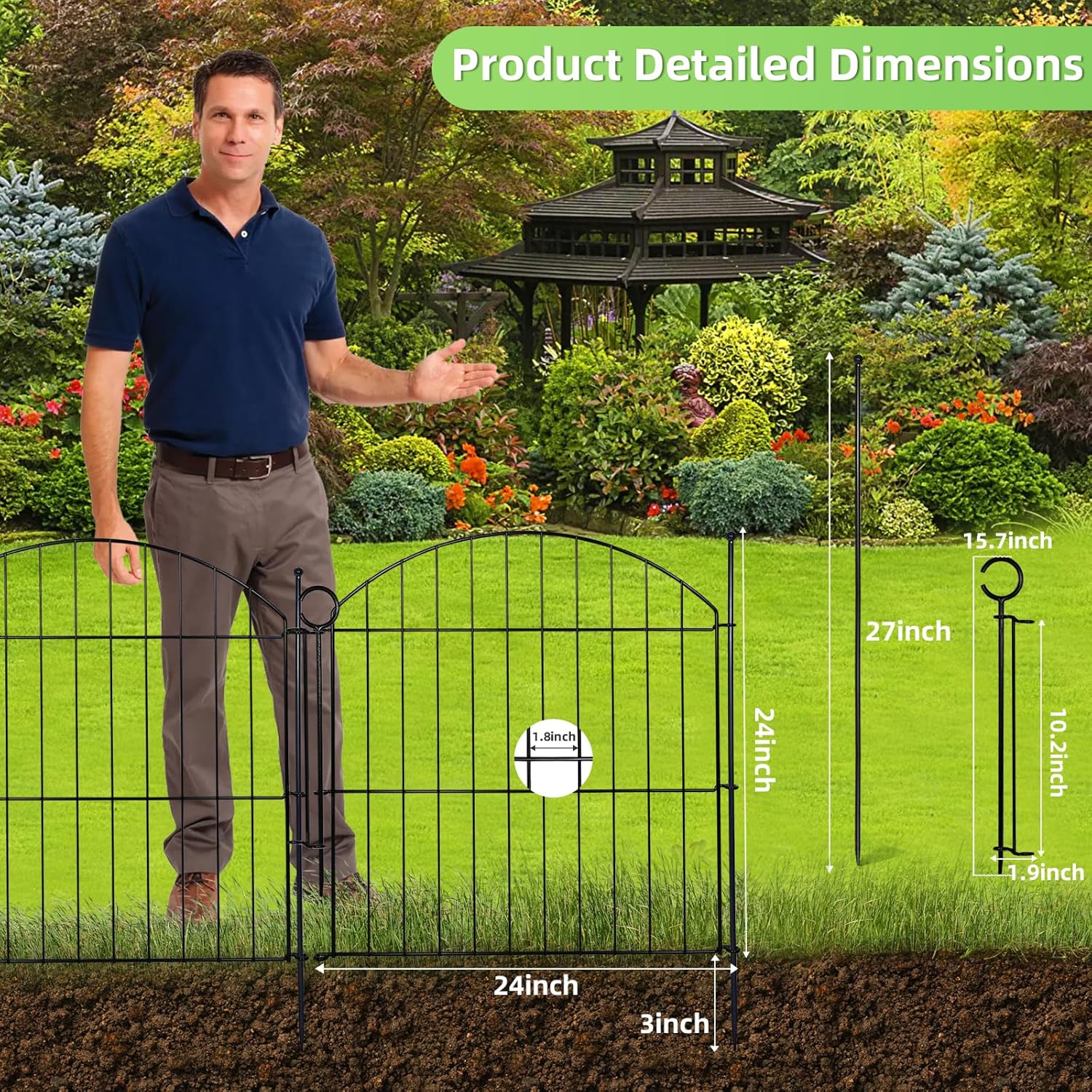 Decorative Garden Fence 24in (H) x20ft (L), 10 Pack No Dig Fence Animal Barrier for Dog with Lock, Arched Flower Bed Edging, Wire Border Panel Fencing for Yard Patio Outdoor Decor-VerdiqueGarden