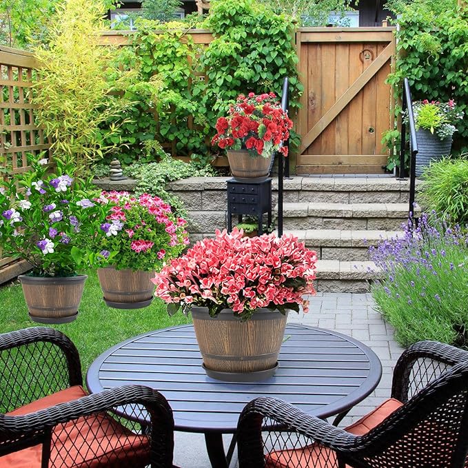 10-inch-Plant-Pots-Indoor-Outdoor, 4 Pack Whiskey Barrel Planters with Drainage Holes & Saucer, Plastic Flower Pots Imitation Wine Barrel Design, Decorative Garden Pots for Plants-VerdiqueGarden