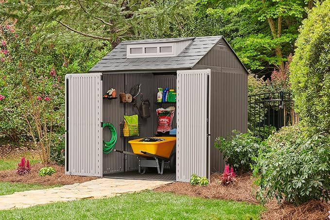 Rubbermaid Large Resin Outdoor Storage Shed With Floor (7 x 7 Ft.), Weather Resistant, Brown, Organization for Home/Lawn Mower/Backyard Equipment/Bike Storage/Pool Supplies-VerdiqueGarden