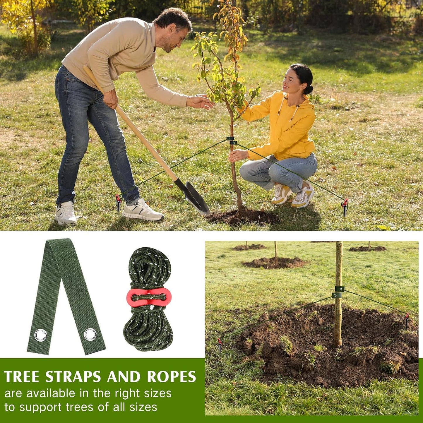Sintuff 9 Set Heavy Duty Tree Stake Kit 15.75 Inches/ 40 cm Tree Straps for Staking and 13.12 ft/ 4 m Dock Lines Rope for Support Anchoring Home Leaning Plant Straightening Garden Tent (Army Green)-VerdiqueGarden