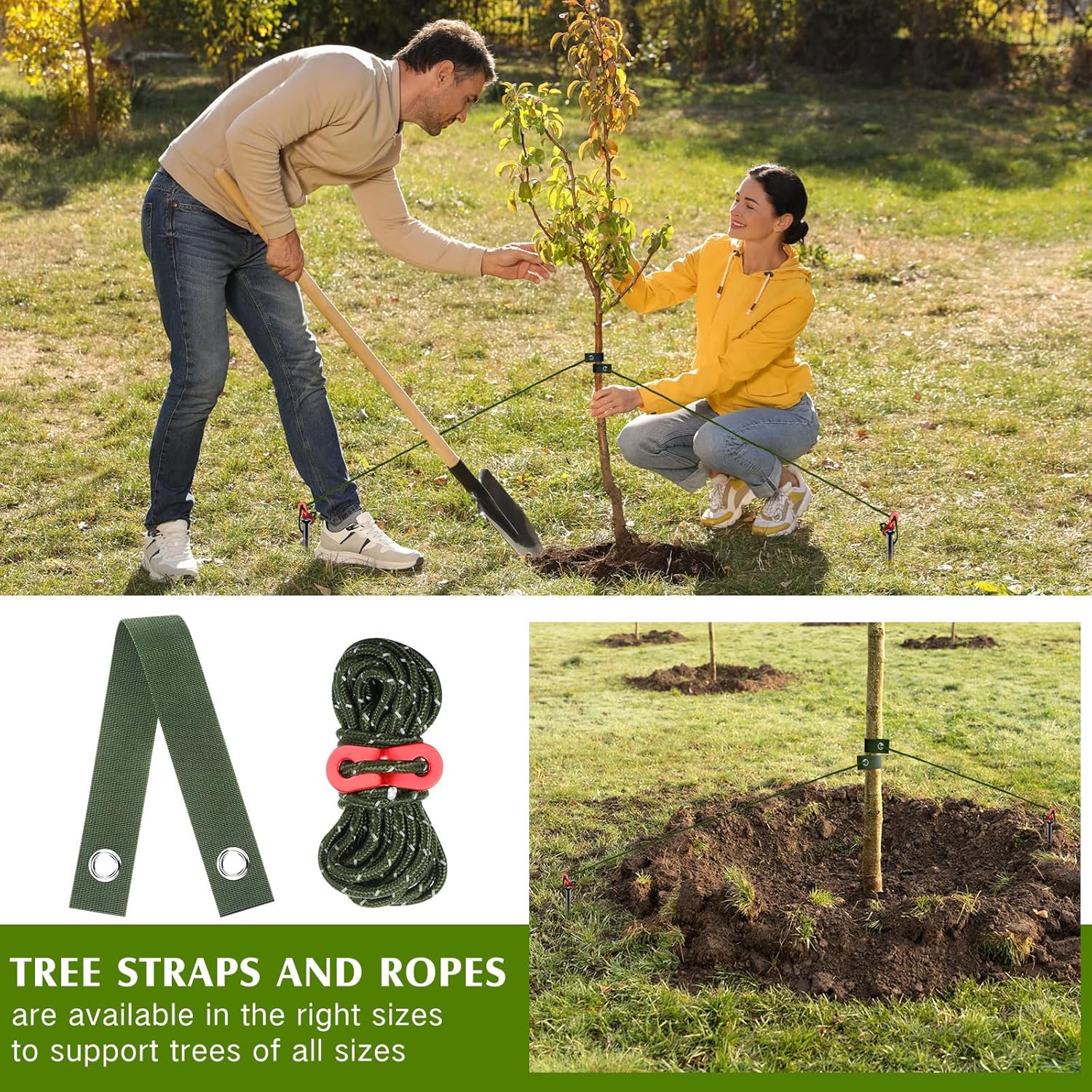 Sintuff 9 Set Heavy Duty Tree Stake Kit 15.75 Inches/ 40 cm Tree Straps for Staking and 13.12 ft/ 4 m Dock Lines Rope for Support Anchoring Home Leaning Plant Straightening Garden Tent (Army Green)-VerdiqueGarden