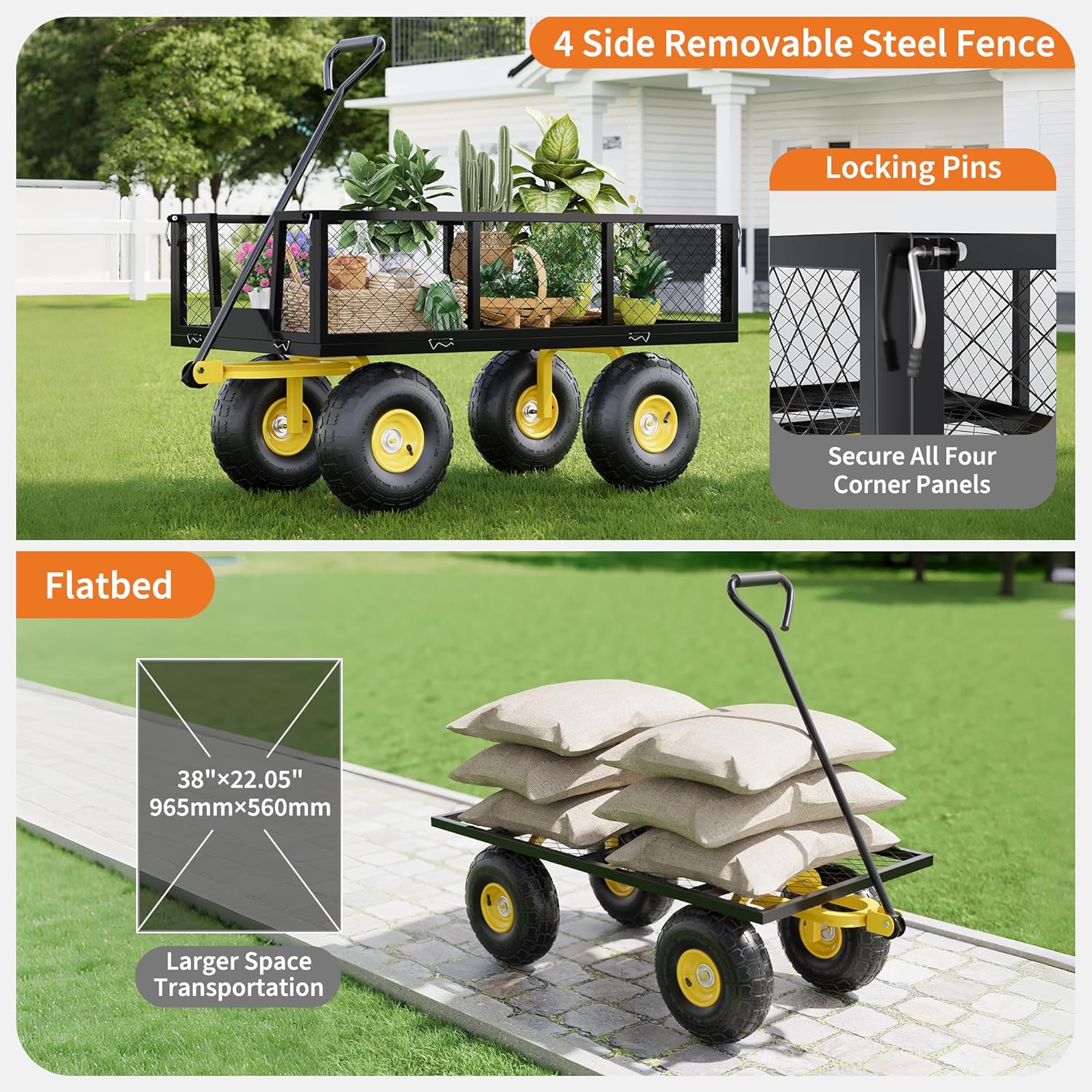 900 Lbs Garden Wagon, 2-in-1 Heavy-Duty Steel Garden Cart, with 10 Inch All-Terrain Tires and Removable Mesh Side Panels, 180° Rotating Handle, Metal Utility Yard Trailer, Outdoor Gardens Wagon Cart-VerdiqueGarden