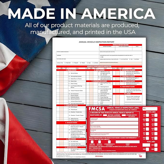 50 Pack 3-Ply Carbonless Annual Vehicle Inspection Report Forms with FMCSA Red Aluminum Adhesive Labels, DOT Inspection Forms and Stickers, Shrink-Wrapped, 8.5" x 11.75" - Made in USA-VerdiqueGarden