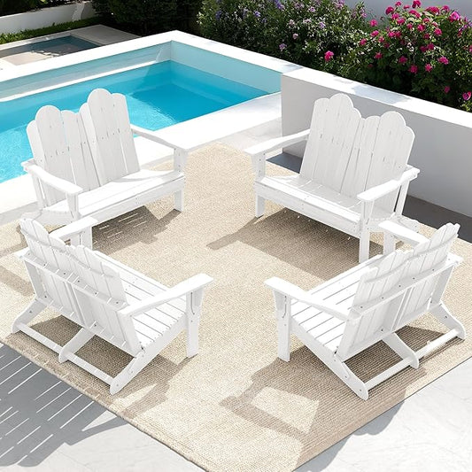 SERWALL 2 Person Adirondack Loveseat, HDPE All-Weather Folding Adirondack Bench Chair, Outdoor Adirondack Chair Set of 4, White-VerdiqueGarden