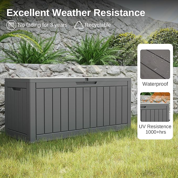 EAST OAK Outdoor Storage Box, 90 Gallon Deck Box, Waterproof Resin Storage Bin for Patio Cushions, Gardening Tools, Lockable, UV Resistant, Grey-VerdiqueGarden