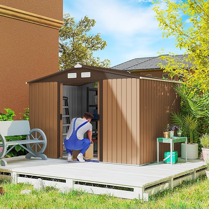 Outsunny 9' x 6' Outdoor Storage Shed, Garden Tool Metal Shed with Foundation Kit, Double Lockable Door, Air Vents and Sloping Roof, for Backyard, Patio, Lawn, Yellow-VerdiqueGarden