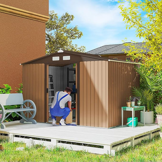 Outsunny 9' x 6' Outdoor Storage Shed, Garden Tool Metal Shed with Foundation Kit, Double Lockable Door, Air Vents and Sloping Roof, for Backyard, Patio, Lawn, Yellow-VerdiqueGarden