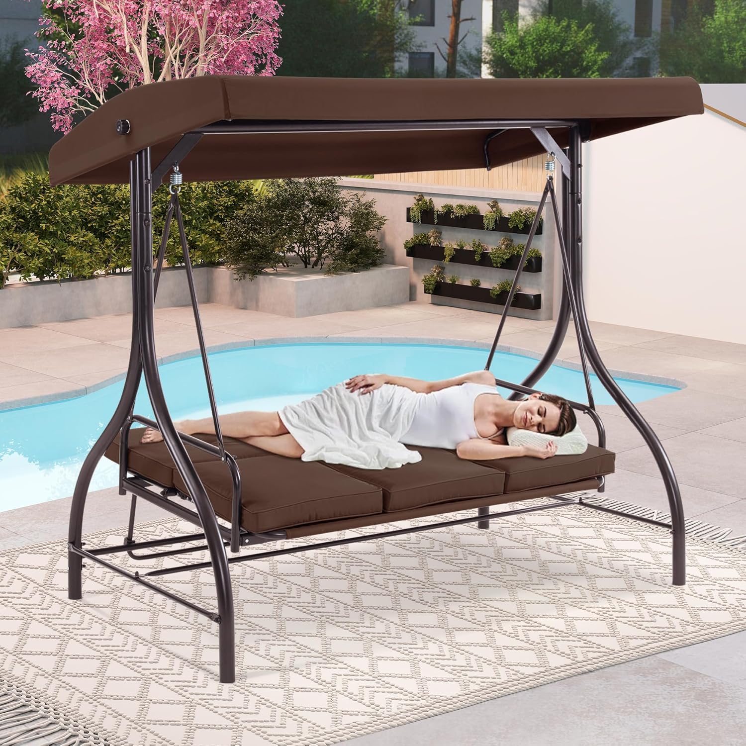 MCombo 3-Seat Outdoor Patio Swing Chair, 2-in-1 Convertible Porch Swing Glider Chair with Removable Cushions, Adjustable Canopy & Pillows for Backyard, Deck, Garden, 4068 (Brown)-VerdiqueGarden
