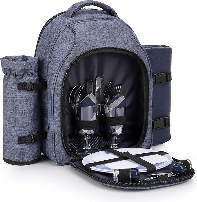 Apollo Walker Picnic Backpack Bag for 2 Person with Cooler Compartment, Detachable Bottle/Wine Holder, Fleece Blanket, Plates and Cutlery Set (2 Person, Navy)-VerdiqueGarden