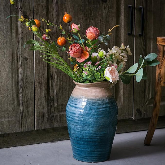 Blue Floor Vase, Ceramic Glazed Large Vase for Modern Farmhouse Home Decor, Rustic Terracotta Pottery, Vintage Clay Vase for Living Room Entryway Centerpiece-VerdiqueGarden