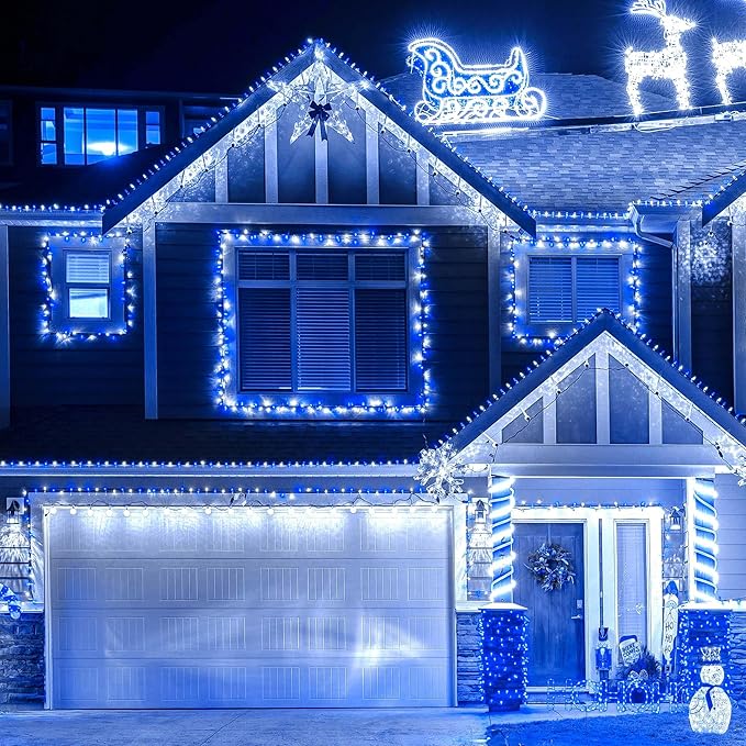 164ft 500 LED Blue White Christmas Lights Outdoor,8 Modes String Light Indoor Bedroom,Clear Wire Twinkle Lights Plug in for Christmas Outside Tree Yard Wedding Decorations(164FT,Blue&White)-VerdiqueGarden