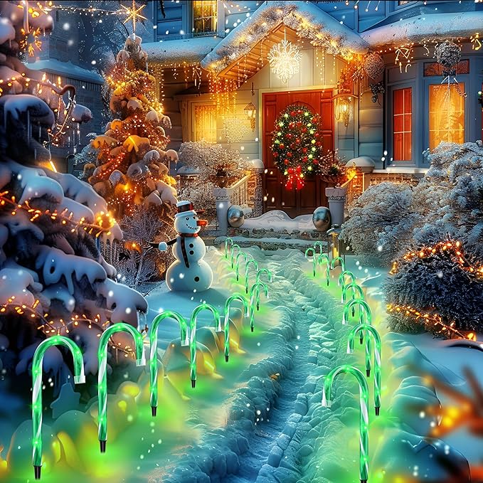 10" 10 Pack Christmas Candy Cane Lights, Candy Cane Lights with 10 Stakes for Walkway Patio Yard Patio Garden Festival Holiday Outdoor Indoor Landscape Path, Christmas Decorations Outside, Green-VerdiqueGarden