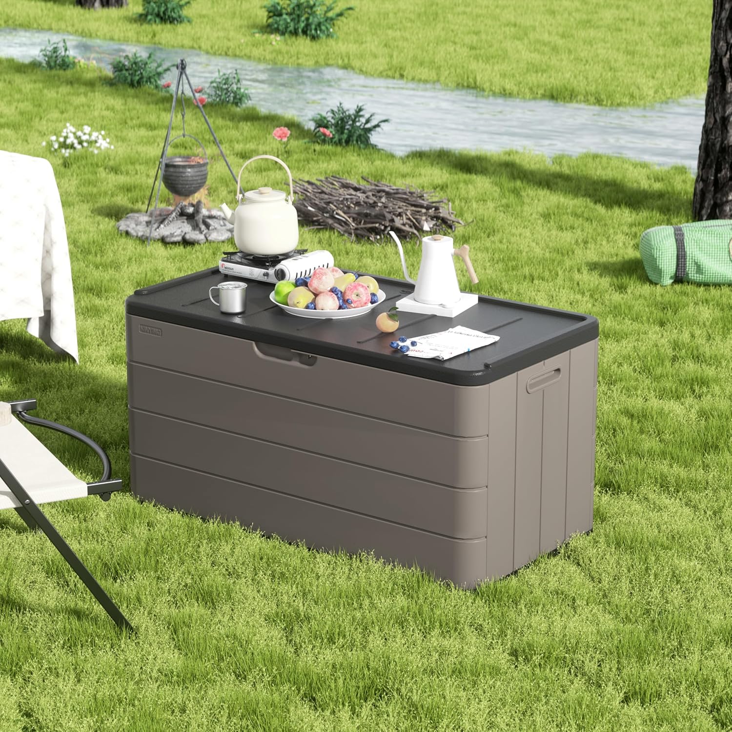 100 Gallon Large Resin Deck Box - Lockable Waterproof Outdoor Storage Bench for Patio Cushions, Garden Tools & Pool Accessories - Wood-Look Texture, Weather-Resistant for Backyard & Porch-VerdiqueGarden