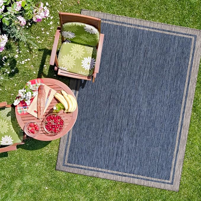 CAMILSON Indoor Outdoor Rug, 10x14 Bordered Navy Blue Gray Modern Large Area Rugs for Indoor and Outdoor Patios, Porches Waterproof Washable Porch Deck Outside Carpet (Bordered Navy, 10 x 14)-VerdiqueGarden
