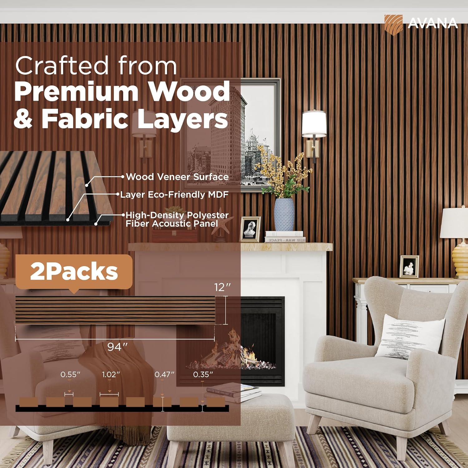 Avana Acoustic Wood Wall Panels – 94.4 x 12.6 Inch Rustic Walnut Acoustic Panels 2 PCs – Wall Panels For Interior Wall Decor For Homes, Offices, Studios – Sturdy and Durable Wood Panels For Wall-VerdiqueGarden