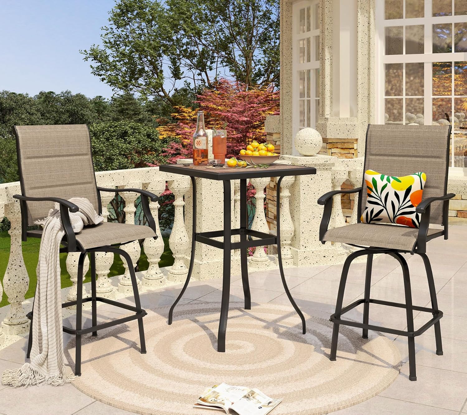 PHI VILLA 3 Piece Outdoor Swivel Bar Stools Set, Bar Height Patio Set with 2 Padded Textilene Fabric Chairs, All-Weather High Top Patio Bistro Table and Chairs Furniture, Brown-VerdiqueGarden