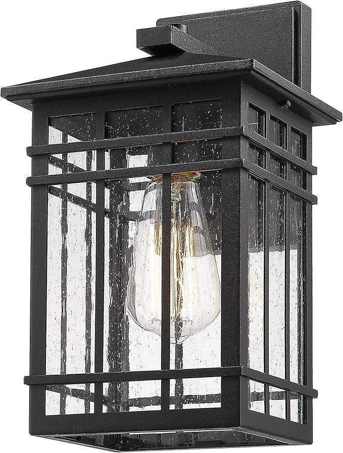 Outdoor Wall Lantern, Exterior Light Fixture Mount, 1-Light Waterproof Lighting With Seeded Glass for Porch, Garage, Patio, Hallway, Entryway, Black-VerdiqueGarden