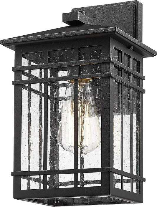 Outdoor Wall Lantern, Exterior Light Fixture Mount, 1-Light Waterproof Lighting With Seeded Glass for Porch, Garage, Patio, Hallway, Entryway, Black-VerdiqueGarden