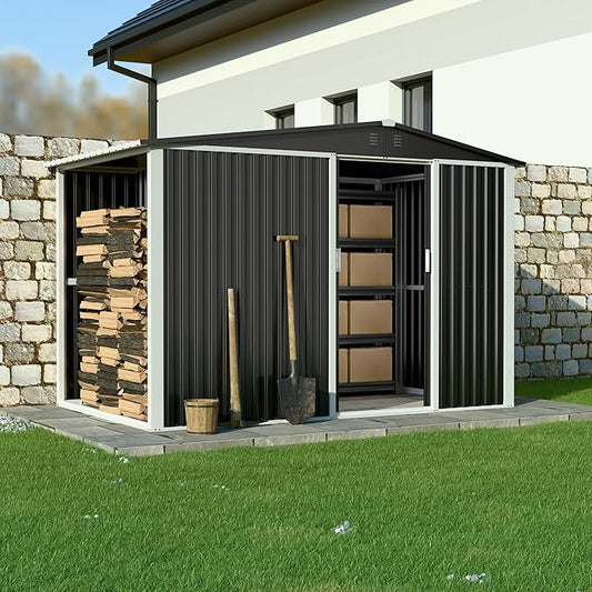 Metal Outdoor Storage Shed 10FT x 6FT with Firewood Storage, Steel Utility Tool Shed Storage House with Sliding Door, Metal Sheds Outdoor Storage for Backyard Garden Patio Lawn, Black-VerdiqueGarden