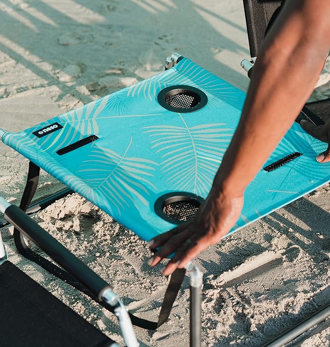 Neso Portable Beach Table with Cup Holders, Cell Phone Pockets, Lightweight for Picnics and Parks (Aqua Fronds)-VerdiqueGarden