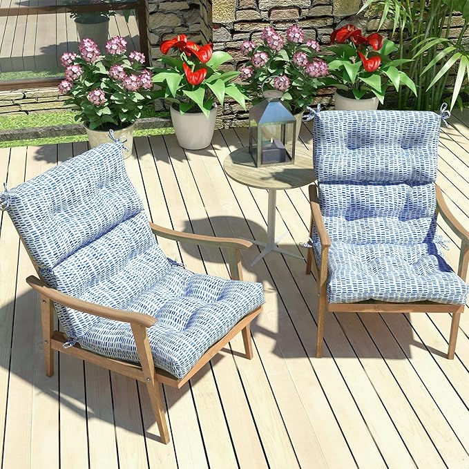 LVTXIII Outdoor High Back Chair Cushions, Seasonal Replacement Adirondack Chair Cushion with Ties, Patio Waterproof Seat Cushions for Home Garden Use (22” W x 20” D, Set of 2, Pebble Blue)-VerdiqueGarden