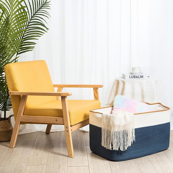 MINTWOOD Design 22in Extra Large Blanket Basket Holder Living Room, Rectangle Rope Woven Storage Basket with Handles for Laundry, Pool Towels, and Shoes, Dog Toy Organizer Bin Box, Prussian Blue-VerdiqueGarden