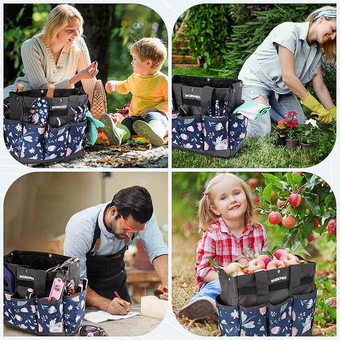 WORKPRO Garden Tool Bag, 9-Pocket Heavy Duty Oxford Tote Bag, Gardening Tool Kit Holder, 12" x 12" x 6" (Blue Insects)-VerdiqueGarden