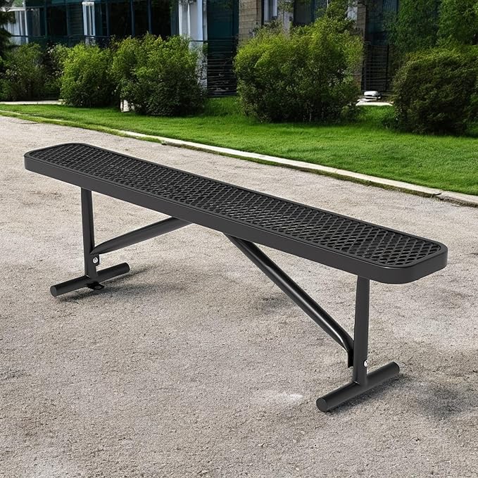 72" L Steel Flat Bench Garden Bench, Black Outdoor Park Bench Weather-Resistant Steel Metal, Patio Seating for Front Porch Backyard Park Outside, Metal Benches for Outside to dodrill to Ground-VerdiqueGarden